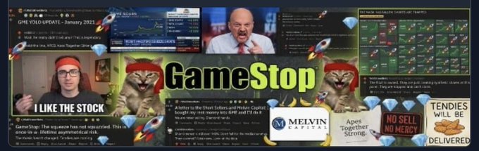 A collage documenting the GameStop short squeeze of January 2021, featuring text including 'GameStop', 'GME YOLO UPDATE - January 2021', 'I LIKE THE STOCK', 'Melvin Capital', and 'Apes Together Strong'.