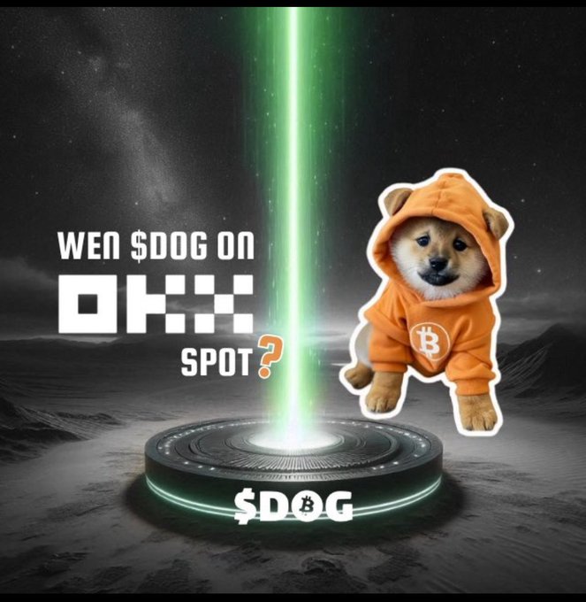 The image features a small dog wearing an orange hoodie, sitting on top of a green spaceship with a glowing green light coming from its side. The background shows a dark sky filled with stars, creating a sense of space and adventure. The text in the image reads "We want to buy $DOG on @OKX".