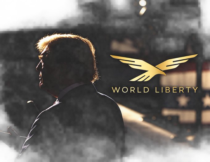A silhouette profile of Donald Trump set against an American flag, accompanied by a gold eagle logo and the text 'WORLD LIBERTY'.