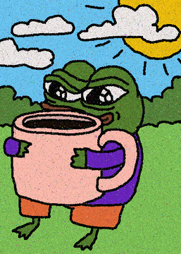 An illustration of the Sad Pepe frog meme, a green frog character with large, sad, teary eyes, wearing a purple shirt and orange shorts while hugging a large pink mug against a backdrop of a blue sky and sun.