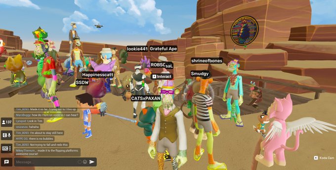 A screenshot of a virtual metaverse game showing various avatar characters with usernames like 'lookie441', 'ROBScub', and 'Happinesscat' in a desert-like environment.
