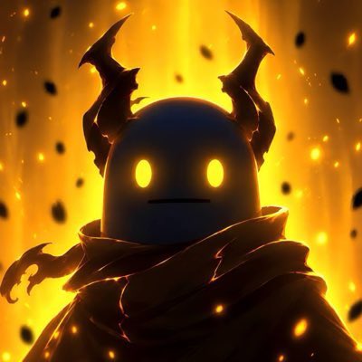 A digital illustration of a shadowy, horned figure with glowing yellow eyes set against a fiery orange and yellow background.