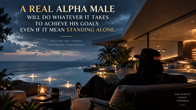 A person wearing a black cap with "NORMIE" in red text sits alone on a luxurious patio overlooking a twilight ocean view, with a mug also branded "NORMIE" on the table. The image features motivational text reading "A REAL ALPHA MALE WILL DO WHATEVER IT TAKES TO ACHIEVE HIS GOALS EVEN IF IT MEAN STANDING ALONE. DISCIPLINE TODAY. FREEDOM TOMORROW. SAME MINDSET. BIGGER TOMORROW."—visually reinforcing the post's theme of embracing solitude and independence through the $Normie brand.