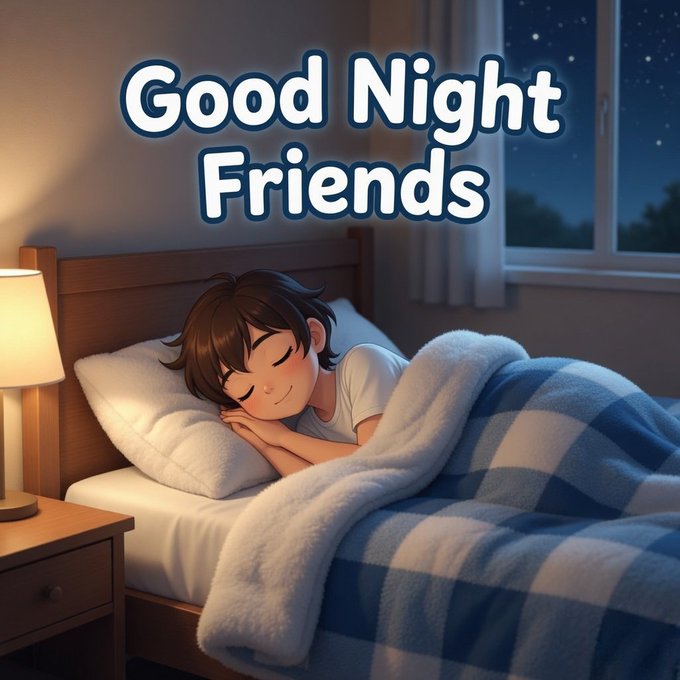 An animated illustration of a young boy peacefully sleeping in bed with a plaid blue blanket, accompanied by the text 'Good Night Friends'.
