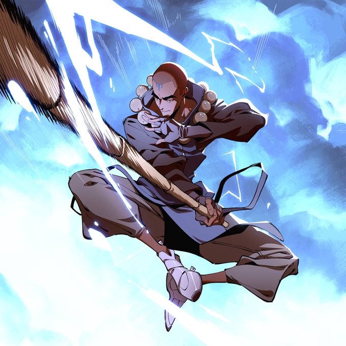The image shows an anime character with long brown hair, prayer beads around his neck, wielding a large brush amid dramatic blue energy, in a dynamic combat pose. The character appears to be fully ascending, matching the upbeat "Gm everyone enjoy your Tuesday!" sentiment by depicting someone soaring through a powerful, electrified sky.
