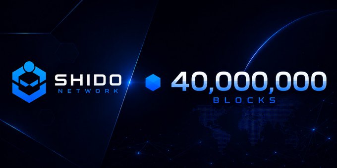 A promotional banner for Shido Network displays the text 'SHIDO NETWORK' alongside '40,000,000 BLOCKS' against a dark blue, tech-themed background.