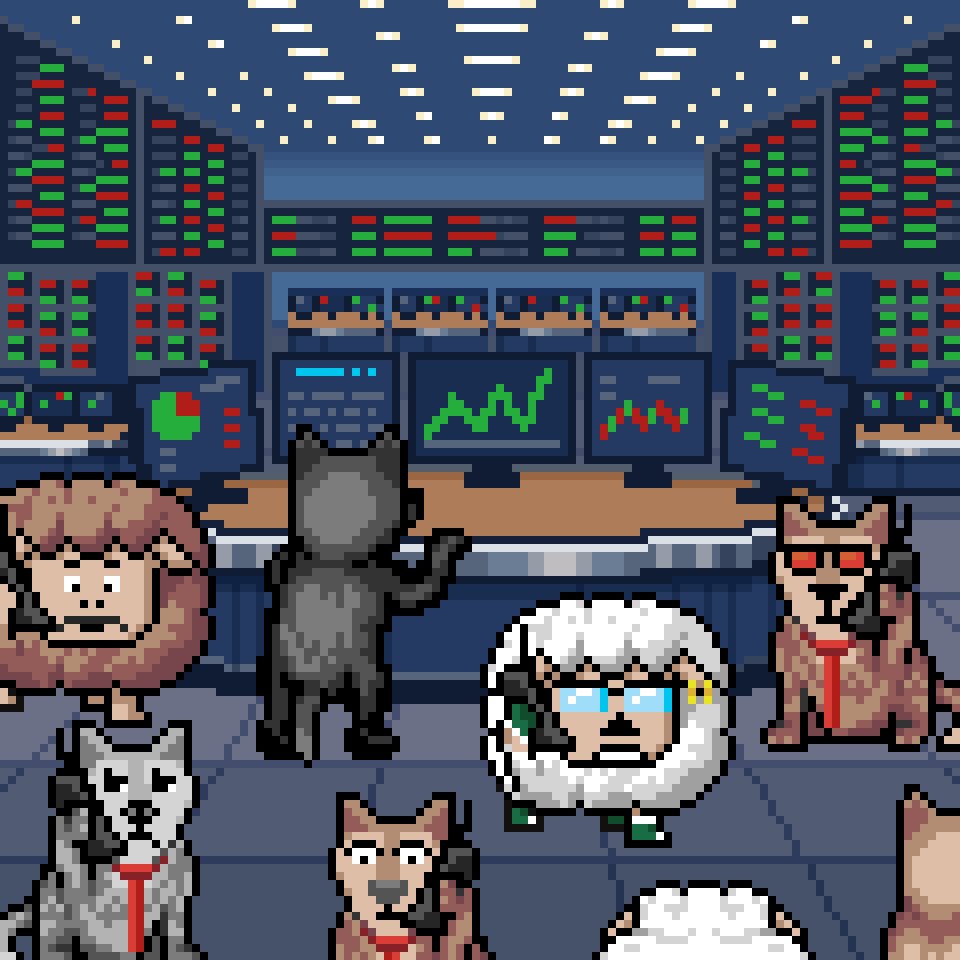 In this image, several cartoon animals are gathered around an information center or trading desk, suggesting they might be employees, customers, or visitors to a business such as a bank or investment firm that uses animated animals for identification purposes.