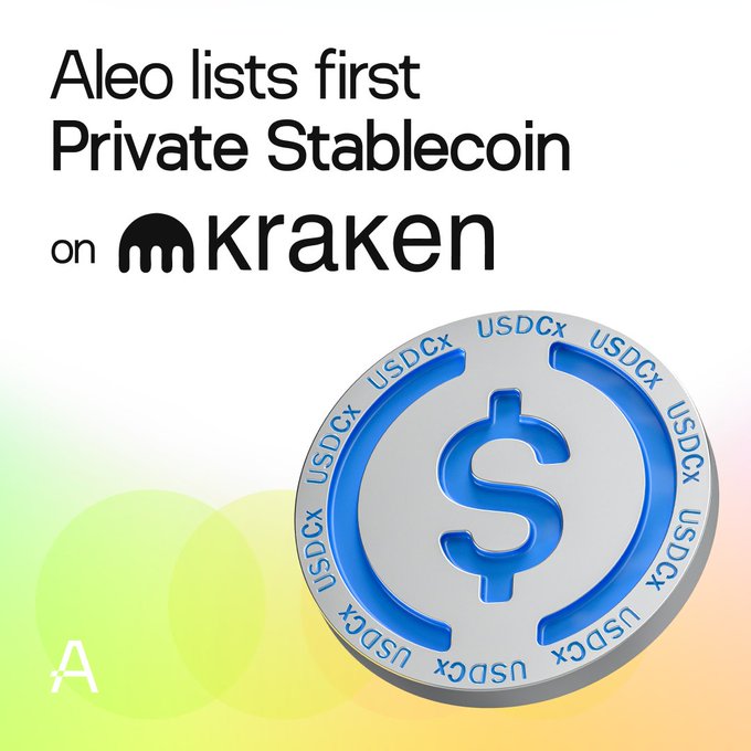 Promotional graphic announcing 'Aleo lists first Private Stablecoin on Kraken' featuring a 3D coin marked 'USDCx' with a dollar sign.