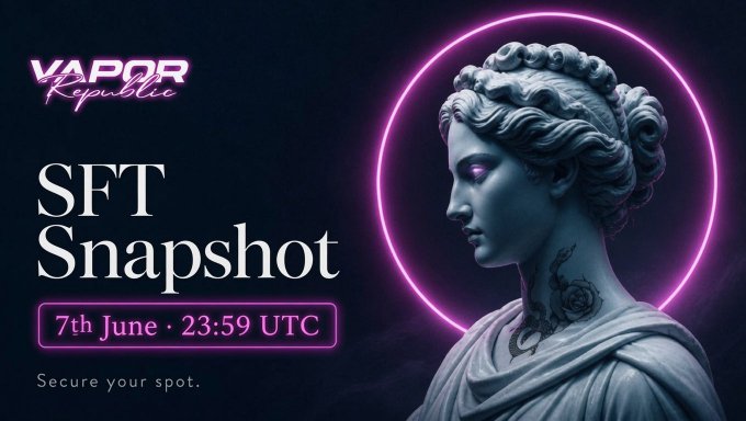 The image features a poster for an event called "SFT Snapshot" that took place on June 7th at 23:59 UTC, with rewards being sent out to holders of the SFT Republic wallet. The poster includes a photo of a statue of a woman and the text "SFT Snapshot", "7th June", "23:59 UTCT", and "focus on what is in the image".