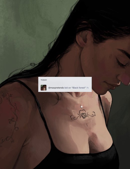 A digital illustration of a woman with dark hair and chest tattoos, overlaid with a tweet notification from @maxpretends bidding on 'Black forest' artwork 7 hours ago.