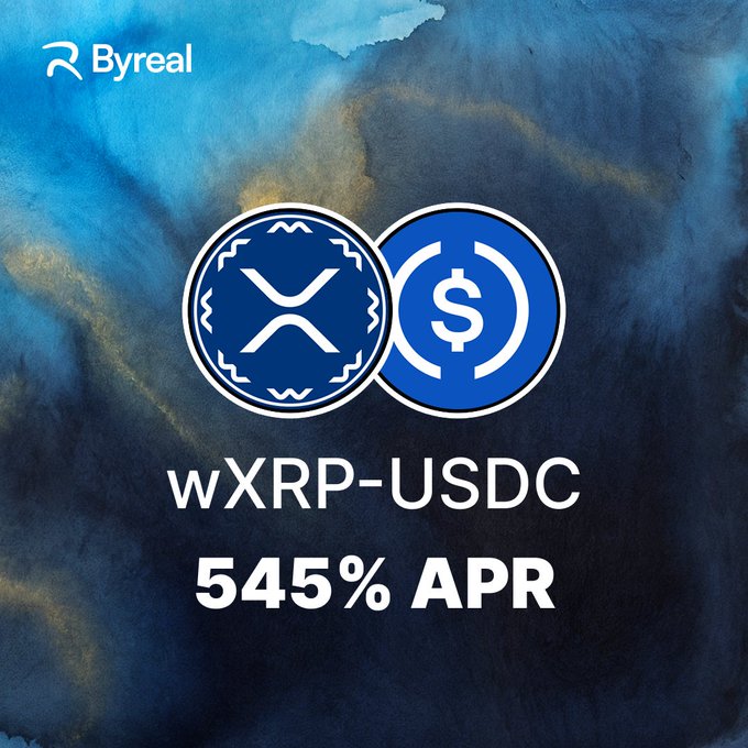 Byreal Branded a promotional graphic featuring the XRP and USDC token logos on a blue watercolor background, advertising a "545% APR" yield for the wXRP-USDC liquidity pool, aligning with the post's call for users to LP on Byreal to capture trading volume from XRP's resurgence.
