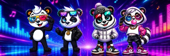 Four cartoon pandas wearing trendy streetwear, sunglasses, and accessories, including one with a 'RILEY' cap, standing against a vibrant neon background with equalizer bars and musical notes.