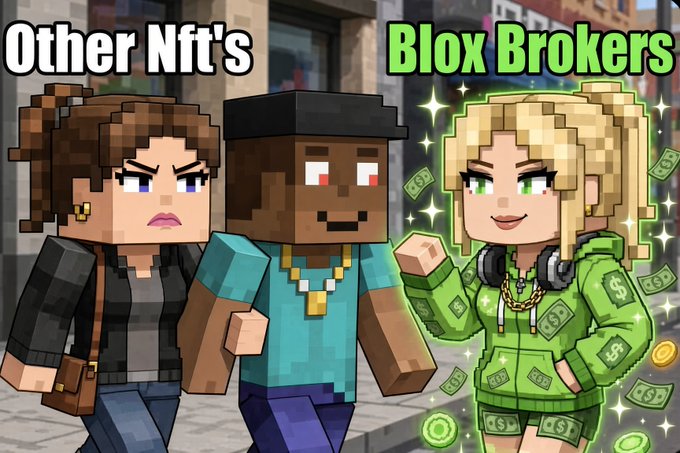 A pixel-art style thumbnail comparing 'Other Nft's' (a brown-haired woman and a dark-skinned man) to 'Blox Brokers' (a blonde woman in a green hoodie covered in dollar bills).