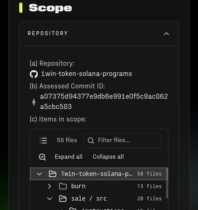 Screenshot of a security audit platform labeled "Scope" showing repository details for "1win-token-solana-programs" with commit ID a07375d94377e9db6e991e0f5c9ac862a5cbc583 and 58 files in scope.