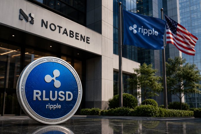 The image shows the Notabene headquarters building with its logo displayed on the facade, alongside flags bearing the "ripple" branding and the American flag. In the foreground is a large Ripple coin prominently featuring "RLUSD" text, visually representing Ripple's investment and integration with Notabene's compliance infrastructure for their stablecoin.