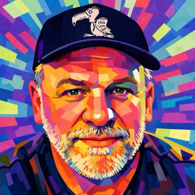 A colorful, pop-art style digital portrait depicts an older bearded man wearing a navy baseball cap featuring a pelican logo.