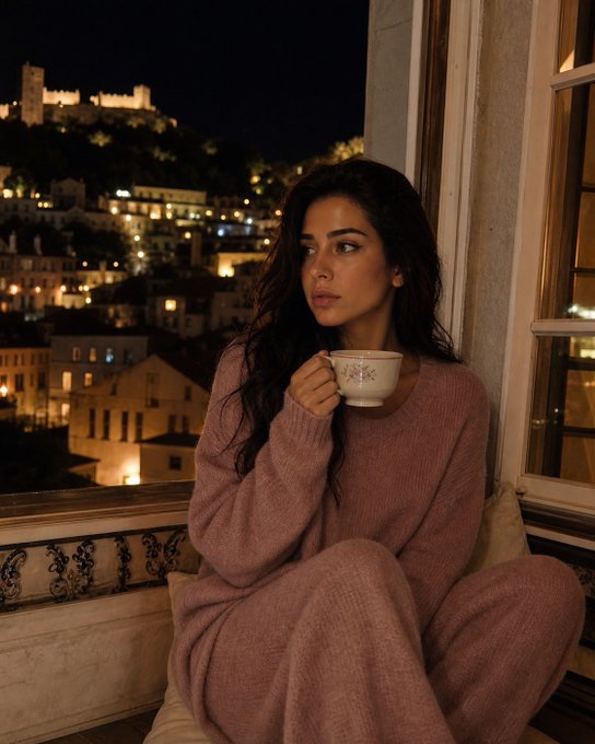A young woman with long dark hair sits by an open window at night, holding a decorative teacup, wearing a cozy pink knit sweater and pants, looking out at a cityscape with a lit castle on a hill.