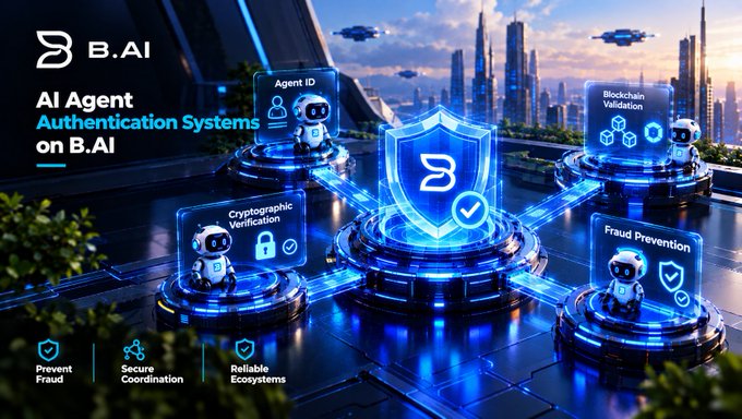 A promotional banner for 'B.AI' showcasing 'AI Agent Authentication Systems on B.AI' with futuristic graphics highlighting features like Agent ID, Blockchain Validation, Cryptographic Verification, and Fraud Prevention.