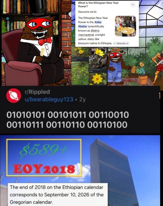 The image is a collage featuring a bear character in a tuxedo with a red mask, a Reddit post by u/bearableguy123 with binary code, and an "EOY 2018" graphic alongside text explaining that the Ethiopian New Year (Adebay flower) falls on September 10, 2026 in the Gregorian calendar. It supports the user's theory connecting bearableguy123's cryptic "EOY 2018" reference to the Ethiopian New Year symbolism through the Adebay flower.