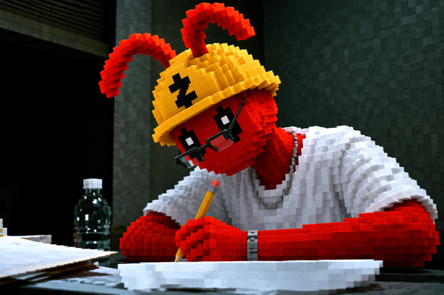 A blocky, voxel-style red character wearing a yellow cap and glasses writes at a desk with a pencil, beside a bottle and papers.