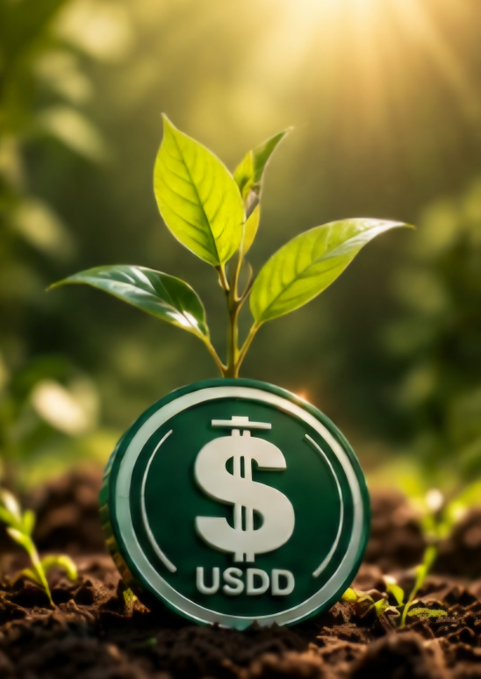 Another promotional graphic of a USDD token coin partially buried in soil with a vibrant green plant growing from it, set against a sunlit, blurred green background.