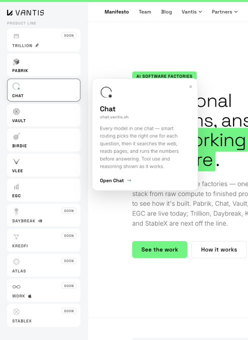 The image shows a Vantis product page featuring a "Product Line" sidebar with AI products like Trillion, Pabrik, Chat, Vault, Birdie, Vlee, EGC, Daybreak, Kreofi, Atlas, Work, and StableX (many marked "SOON"), with a popup highlighting the "Chat" product at chat.vantis.sh as one of several AI software factories. The accompanying post ties directly to this image, emphasizing how Vantis is building a multi-product AI ecosystem under one subscription—a model the poster believes is undervalued and primed to become a billion-dollar platform.