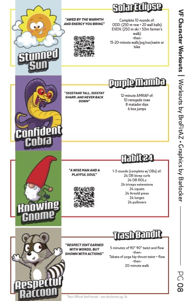 The image shows page 8 of a free 14-page PDF featuring VeeFriends character workouts, displaying four characters: "Stunned Sun" (Solar Eclipse workout with 10 rounds of 250m row + 20 wall balls, etc.), "Confident Cobra" (Purple Mamba 12-minute AMRAP), "Knowing Gnome" (Habit 24 workout with 1-3 rounds), and "Respectful Raccoon" (Trash Bandit workout with 5 minutes of 90°/90° twist and flow), each accompanied by their motivational quotes and QR codes.