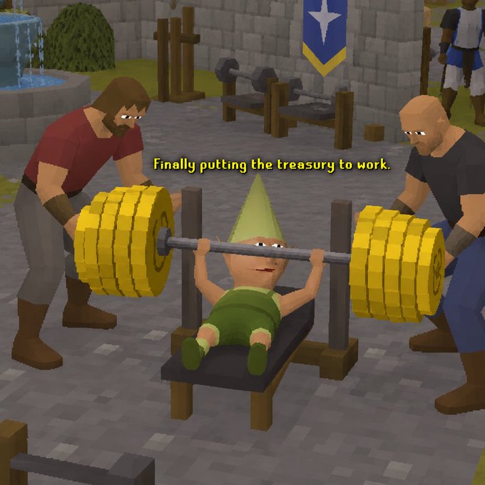 A gnome in a green outfit struggles to bench press an enormous barbell loaded with gold coins, assisted by two men, with the caption "Finally putting the treasury to work" reflecting the post's theme of putting in effort to reach financial goals.