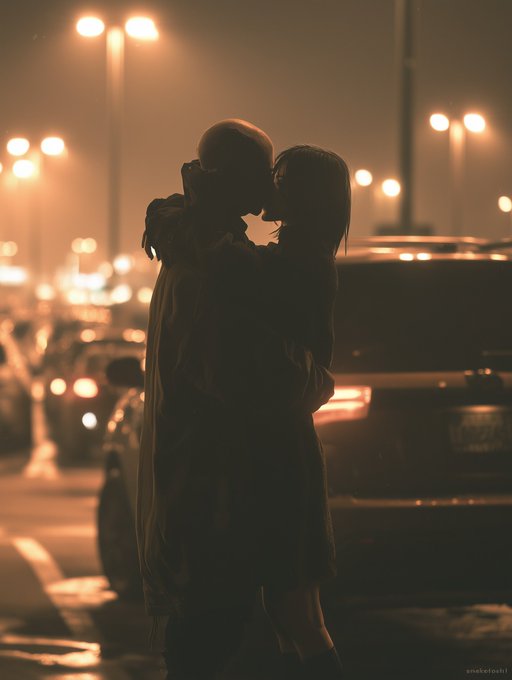 A silhouetted couple kissing in a parking lot at night, illuminated by warm orange streetlights with bokeh effects from car headlights in the background, credited to '@nokeitochi'.
