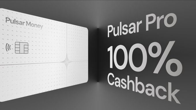 A white Pulsar Money card with a chip and contactless symbol is displayed on the left side, while bold white text on a dark gradient background on the right reads "Pulsar Pro 100% Cashback," promoting the new Pulsar Pro subscription tier and its welcome offer of full cashback on the first month's payment via the Arc network.