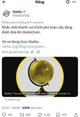 A mobile screenshot of a social media post by Stellar (@StellarOrg) in Vietnamese, showing a 400K view count on an animated post that reads "Stellar The world's opensource public blockchain network. It's stellar.org".
