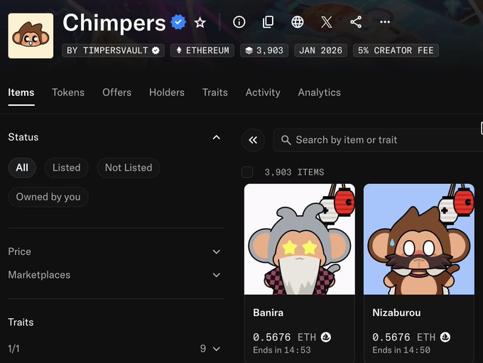OpenSea page for the Chimpers NFT collection showing 3,903 items on Ethereum with characters like Banira and Nizaburou listed at 0.5676 ETH.