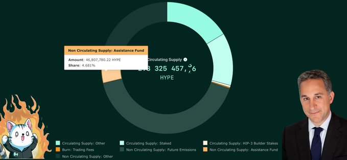 A man stands beside a donut chart displaying the $HYPE token supply breakdown, showing a total of 325,457,790 HYPE with the Assistance Fund's non-circulating supply of 46,807,780.22 HYPE (4.681%) highlighted in a callout box, matching the accompanying post's details about buyback and burn statistics.