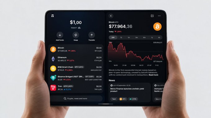 Two hands hold a foldable device displaying a cryptocurrency portfolio app on the left screen (showing $1.00 wallet balance with Bitcoin, Ethereum, and other crypto assets) and a Bitcoin chart on the right screen showing BTC at $77,964.36 with a 1.59% decline. The image showcases the dual-screen functionality that pairs seamlessly with Tangem's hardware crypto wallet, allowing users to manage their digital assets across both displays of the foldable device.