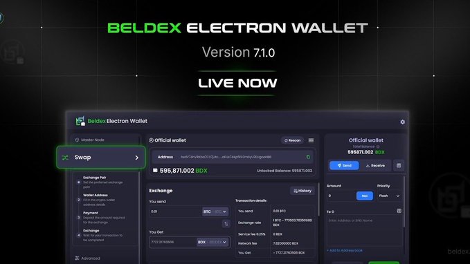 A promotional graphic for "BELDEX ELECTRON WALLET Version 7.1.0" with a "LIVE NOW" label. The screenshot shows wallet features including a "Swap" option and exchange details for BDX with a balance of 595,871.002.