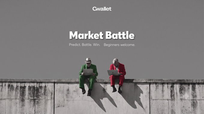 A Cwallet advertisement titled 'Market Battle' with the tagline 'Predict. Battle. Win. Beginners welcome,' showing two figures in green and red suits with laptops sitting on a concrete wall against a gray sky.