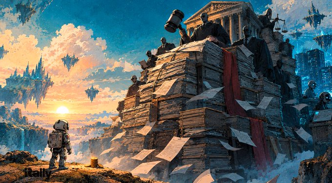 Fantasy digital artwork showing an astronaut in the foreground facing a colossal mound of papers, scrolls, and robed judges with gavels, with floating islands in the sky and 'iRally' text in the bottom left.