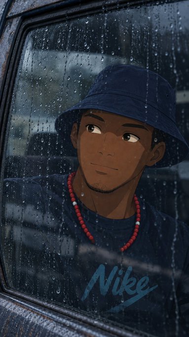 An animated illustration depicts a young man wearing a dark blue bucket hat and a beaded necklace, looking out from inside a vehicle through a rain-streaked window bearing the "Nike" logo.