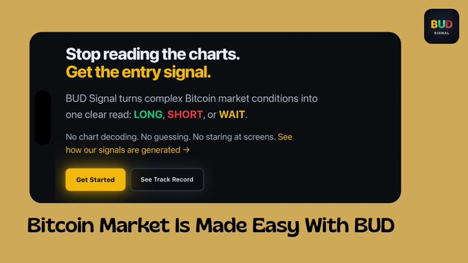 An advertisement for 'BUD Signal' features the text 'Stop reading the charts. Get the entry signal.' and 'Bitcoin Market Is Made Easy With BUD', offering LONG, SHORT, or WAIT recommendations with yellow and black styling.