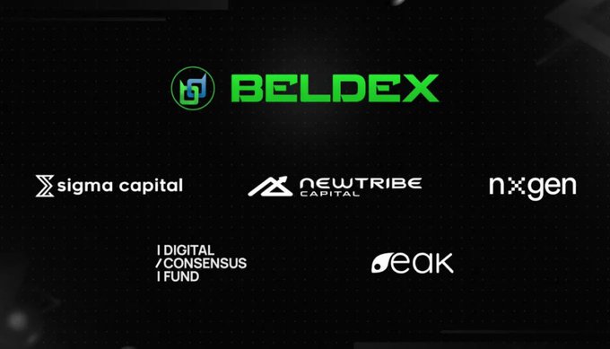 A dark promotional graphic displays the BELDEX logo in green at the top center, accompanied by five partner/funder logos below: Sigma Capital, NewTribe Capital, NXGEN, Digital Consensus Fund, and Peak.