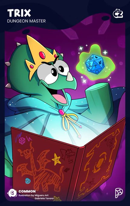 A digital trading card titled 'TRIX - DUNGEON MASTER' featuring an animated green turtle/dinosaur character wearing a crown and holding a glowing d20 die, marked as COMMON with illustration by Gabriele Tavora.