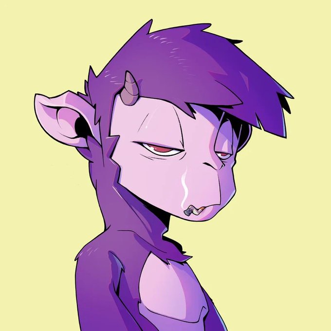 A digital illustration of a purple, horned creature with pointed ears, red eyes, fangs, and a stern expression against a pale yellow background.