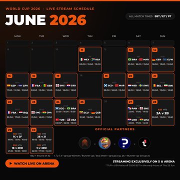 The image features a calendar for the World Cup 2016 with a focus on live streaming events at the arena. The calendar displays the dates of various matches, including one that starts at 8 pm and another that begins at 6 am. There are also details about the partners involved in these matches, such as the names of the teams and their respective logos. Additionally, there is an image of a person's face with the text "Watch Live on Arena" below the calendar. The post encourages viewers to watch live streams of the World Cup games at the arena, providing information about how to do so and where they can find more details about the matches.