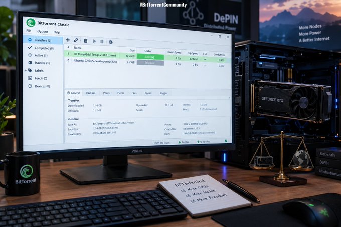 A computer monitor displays the BitTorrent Classic application showing active torrent downloads, with a GeForce RTX graphics card visible in an open PC case nearby.