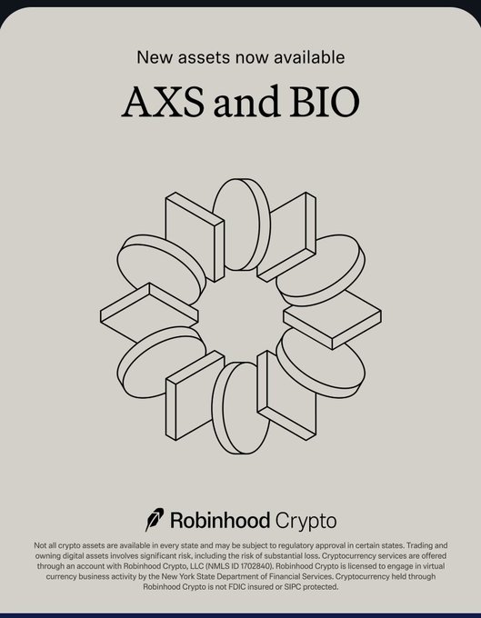 The image shows an advertisement for the cryptocurrency exchange Robinhood that promotes the use of a new digital asset called "AXS" (Advanced XRD) alongside a Bitcoin coin named "BIO". The advertisement highlights the fact that AXS has maintained its strength during Bitcoin's recent price fluctuations, with a Marketcap valuation of $1.16 and a listing on Robinhood app giving it further exposure to public markets.