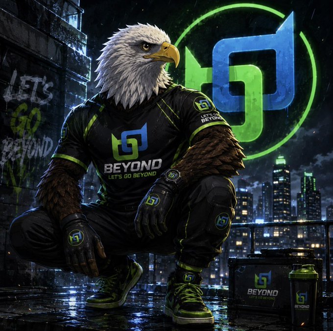 An anthropomorphic eagle character in tactical black and green 'BEYOND' branded esports gear crouches on a rooftop at night with a city skyline in the background.