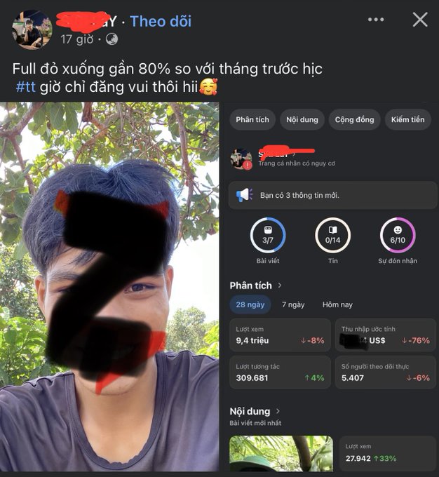 The image is a screenshot of a social media post showing analytics with revenue down 76% (to a hidden US$ figure) and views around 9.4 million, alongside a selfie of a young man whose face is heavily scribbled over in black and red marker, with the caption noting the dramatic drop compared to the previous month.