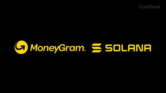 A black background displays the MoneyGram logo in yellow next to the Solana logo, with "CoinDesk" watermark in the top right corner.