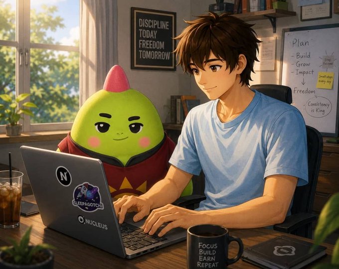 An anime-style illustration of a young man working on a laptop at a desk next to a green pear-like character; the scene includes a 'DISCIPLINE TODAY FREEDOM TOMORROW' sign, a whiteboard with a 'Plan: Build, Grow, Impact, Freedom' list, and a mug reading 'FOCUS BUILD EARN REPEAT'.