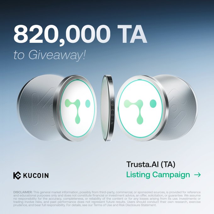 A KuCoin promotional image announcing "820,000 TA to Giveaway!" for the Trusta.AI (TA) listing campaign, featuring two metallic token designs against a blue gradient background. The giveaway matches the post's two activities: the 560,000 TA GemSlot Carnival and 260,000 TA Learn & Earn rewards.
